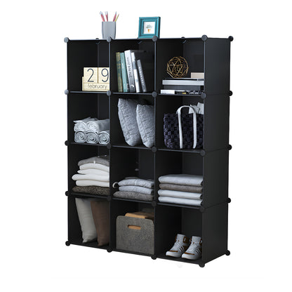 SOGA 4 Tier 12-Cube Black Portable Wardrobe Divide-Grid Modular Storage Organiser Foldable Closet • LUZ-Wrobe1768