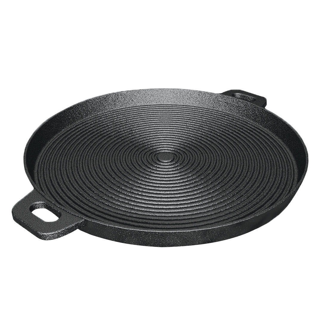 SOGA 35cm Round Ribbed Cast Iron Frying Pan Skillet Steak Sizzle Platter with Handle • LUZ-ZPai004