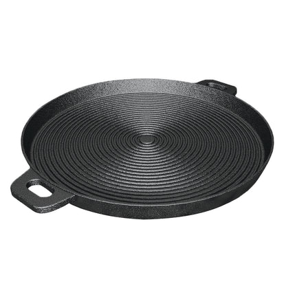 SOGA 35cm Round Ribbed Cast Iron Frying Pan Skillet Steak Sizzle Platter with Handle • LUZ-ZPai004