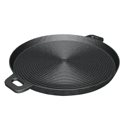 SOGA 35cm Round Ribbed Cast Iron Frying Pan Skillet Steak Sizzle Platter with Handle • LUZ-ZPai004