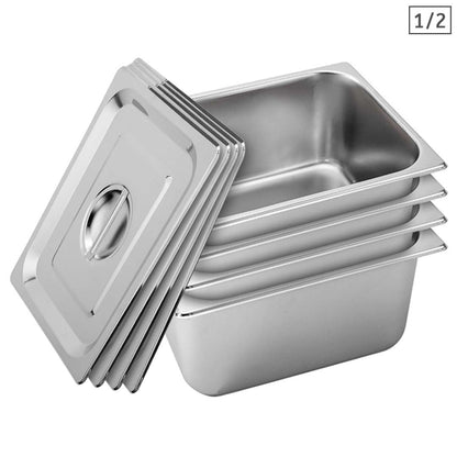 SOGA 4X Gastronorm GN Pan Full Size 1/2 GN Pan 20cm Deep Stainless Steel Tray With Lid • LUZ-GP5412wLidX4