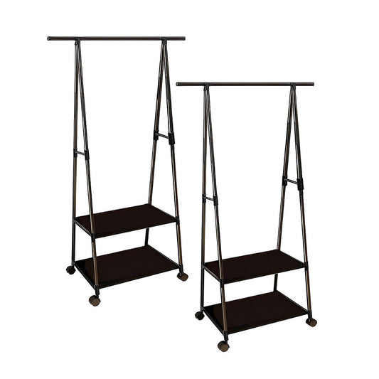 SOGA 2X 2-in-1 Organiser Clothes Shoe Rack Space-Saving Triangular Storage with Wheels Black • LUZ-Rack0012X2