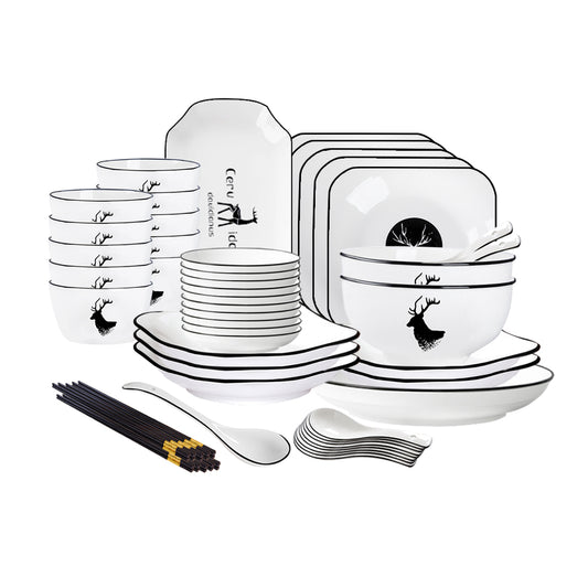 SOGA White Antler Printed Ceramic Dinnerware Set Crockery Soup Bowl Plate Server Kitchen Home Decor Set of 34 • LUZ-BowlG777