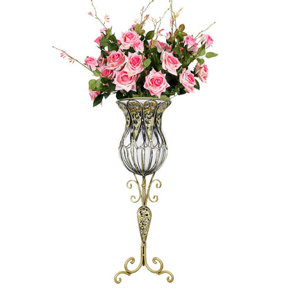 SOGA 85cm Clear Glass Tall Floor Vase with 12pcs Pink Artificial Fake Flower Set • LUZ-Vase3019ClearwPinkF12