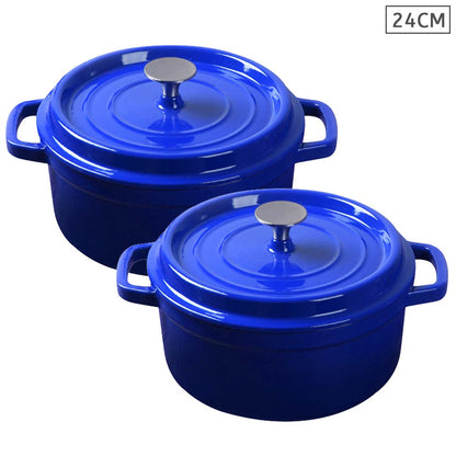 SOGA 2X Cast Iron 24cm Enamel Porcelain Stewpot Casserole Stew Cooking Pot With Lid Blue • LUZ-Stewpot24cmBlueX2