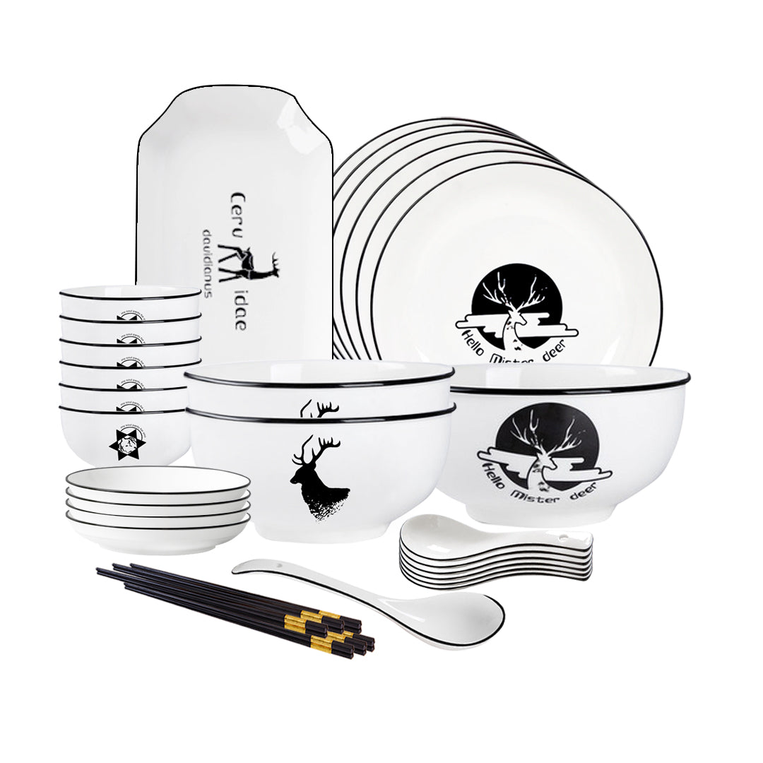 SOGA White Antler Printed Ceramic Dinnerware Set Crockery Soup Bowl Plate Server Kitchen Home Decor Set of 20 • LUZ-BowlG774