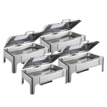 SOGA 4X 9L Rectangular Stainless Steel Soup Warmer Roll Top Chafer Chafing Dish Set with Glass Visual Window Lid • LUZ-ChafingDish0323X4