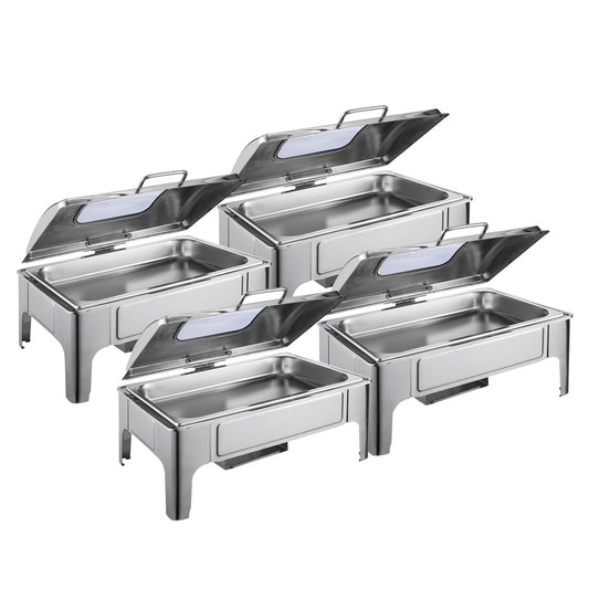 SOGA 4X 9L Rectangular Stainless Steel Soup Warmer Roll Top Chafer Chafing Dish Set with Glass Visual Window Lid • LUZ-ChafingDish0323X4