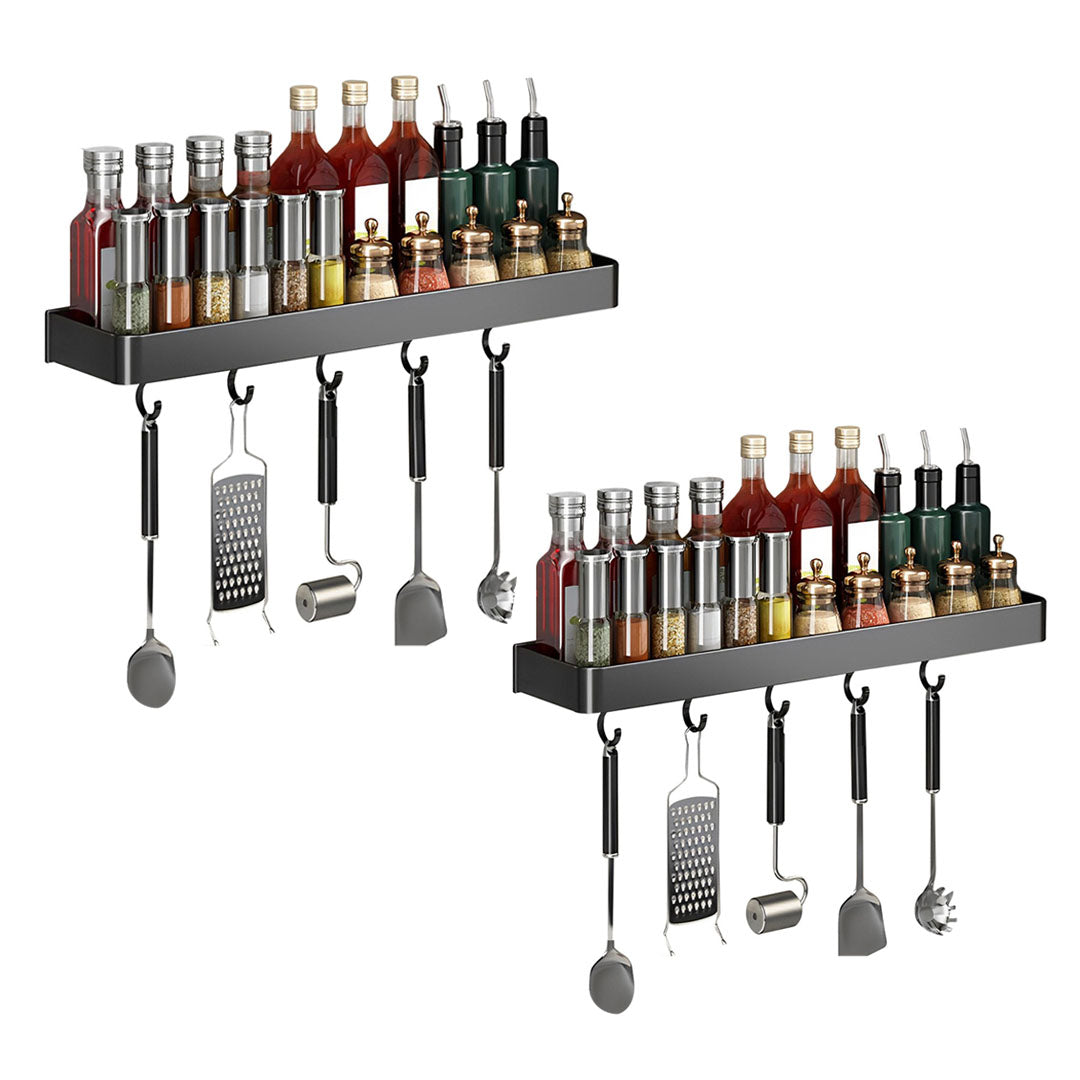 SOGA 2X 40cm Black Wall-Mounted Rectangular Kitchen Spice Storage Organiser Space Saving Condiments Shelf Rack with Hooks • LUZ-TAN1028X2