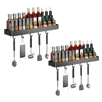 SOGA 2X 40cm Black Wall-Mounted Rectangular Kitchen Spice Storage Organiser Space Saving Condiments Shelf Rack with Hooks • LUZ-TAN1028X2