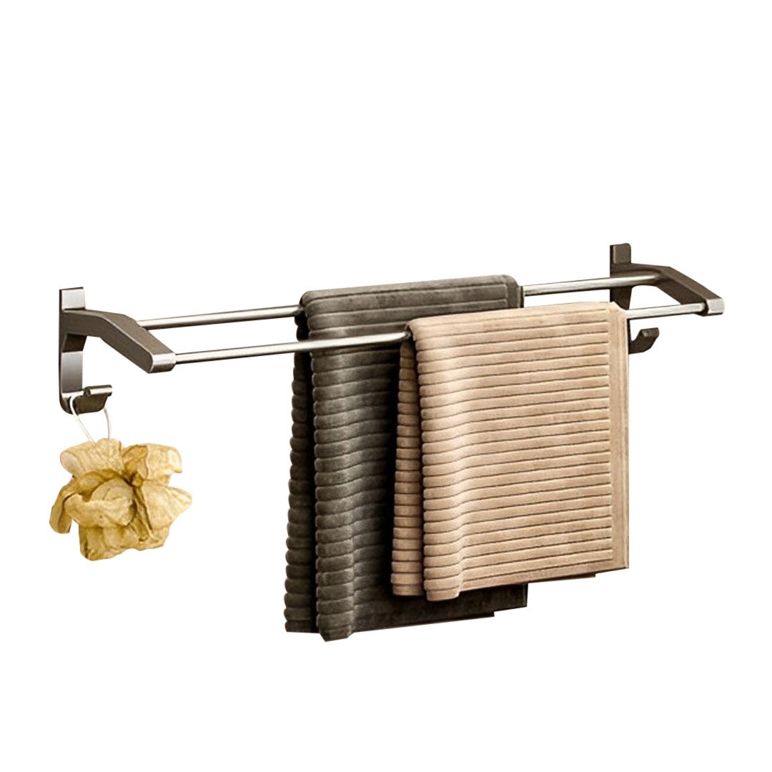 SOGA 62cm Gray Wall-Mounted Double Pole Towel Holder Bathroom Organiser Rail Hanger with Hooks • LUZ-TAN1018