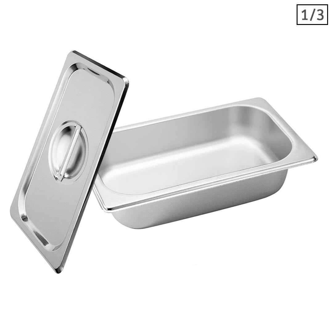 SOGA Gastronorm GN Pan Full Size 1/3 GN Pan 6.5 cm Deep Stainless Steel Tray With Lid • LUZ-GP5415wLidX1