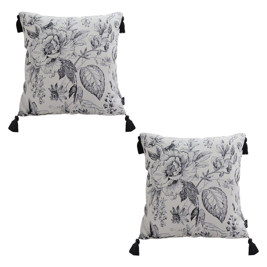 SOGA 2X 50cm Throw Pillow  Black and White Elegant Floral Print with Tassel Accents Home Decor • LUZ-FrenchCushion341X2