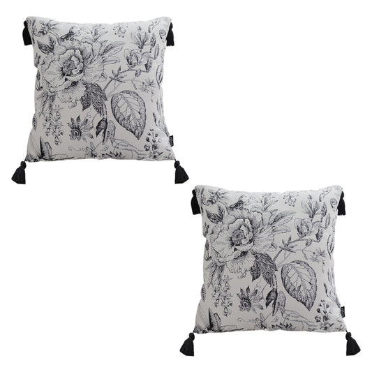 SOGA 2X 50cm Throw Pillow  Black and White Elegant Floral Print with Tassel Accents Home Decor • LUZ-FrenchCushion341X2