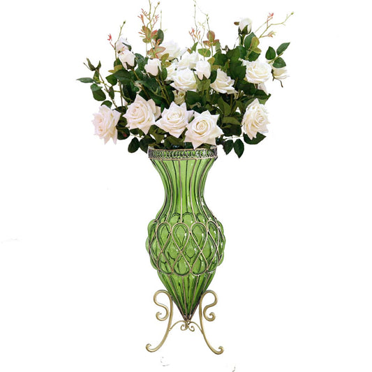SOGA 67cm Green Glass Tall Floor Vase and 12pcs White Artificial Fake Flower Set • LUZ-Vase0053GreenwWhiteF12