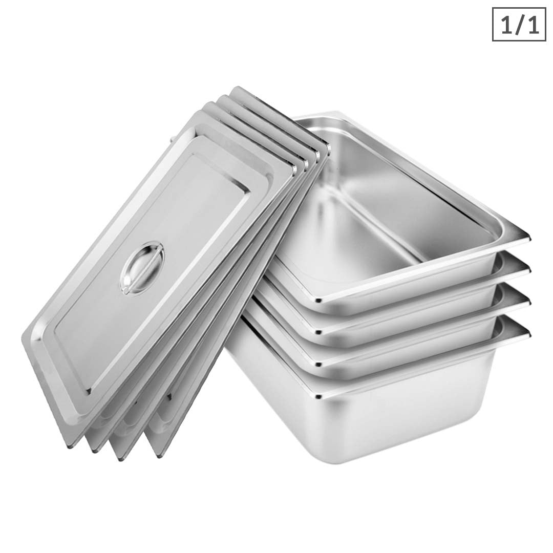 SOGA 4X Gastronorm GN Pan Full Size 1/1 GN Pan 15cm Deep Stainless Steel Tray With Lid • LUZ-GP5405wLidX4