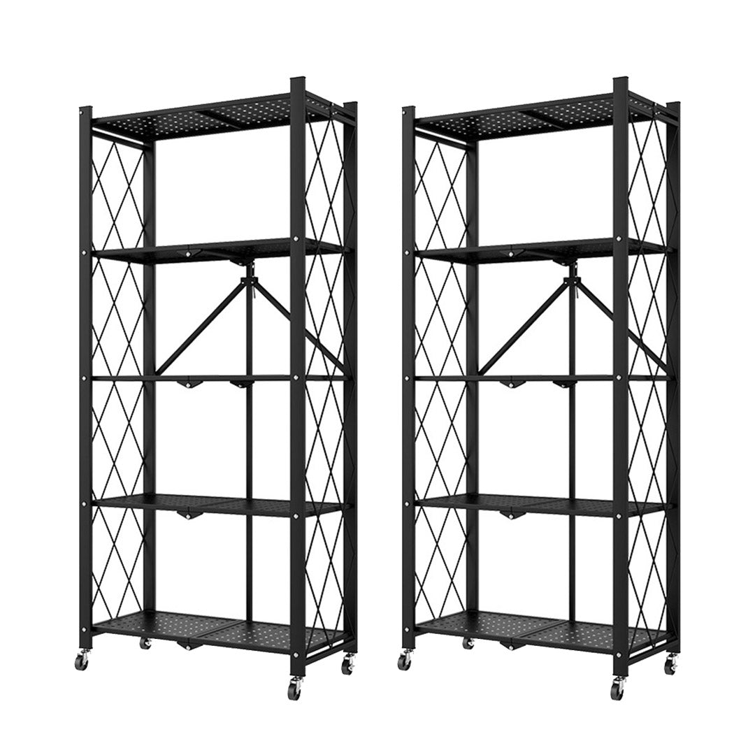 SOGA 2X 5 Tier Steel Black Foldable Kitchen Cart Multi-Functional Shelves Portable Storage Organizer with Wheels • LUZ-KitchenXY003X2