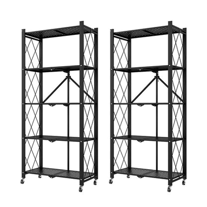 SOGA 2X 5 Tier Steel Black Foldable Kitchen Cart Multi-Functional Shelves Portable Storage Organizer with Wheels • LUZ-KitchenXY003X2