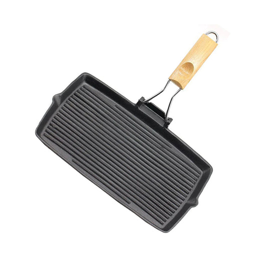 SOGA 20.5cm Rectangular Cast Iron Griddle Grill Frying Pan with Folding Wooden Handle • LUZ-ZPai061