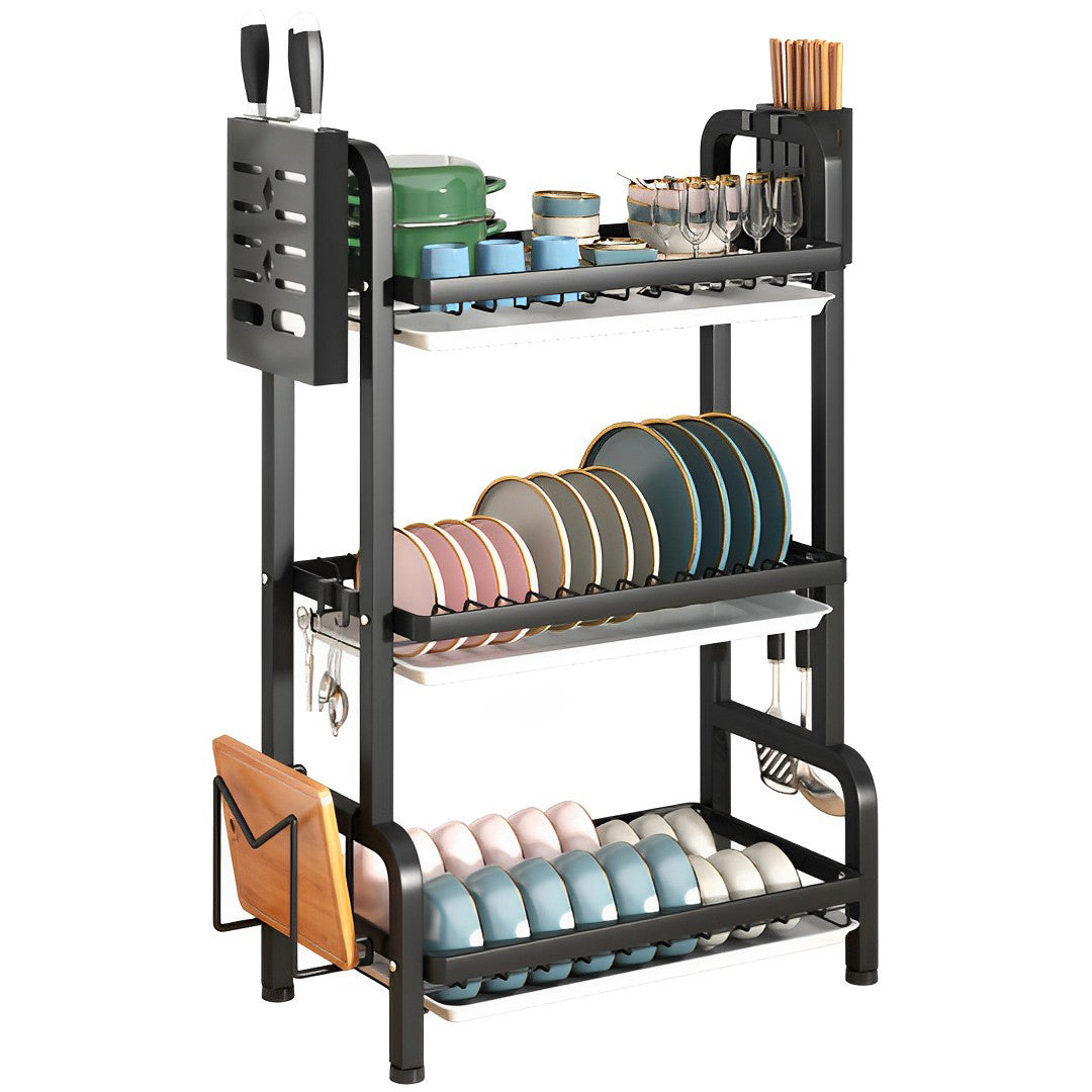 SOGA 3 Tier 62cm Steel Black Kitchen Countertop Drying Rack Dish Plate Cutlery Cutting Board Holder Dish Drainer Kitchen Organiser • LUZ-KitchenXY049AA