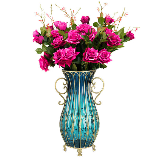SOGA 51cm Blue Glass Tall Floor Vase with 12pcs Artificial Fake Flower Set • LUZ-Vase4880BluewRedF12