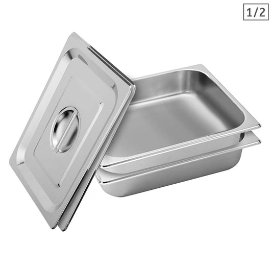 SOGA 2X Gastronorm GN Pan Full Size 1/2 GN Pan 6.5cm Deep Stainless Steel Tray With Lid • LUZ-GP5409wLidX2