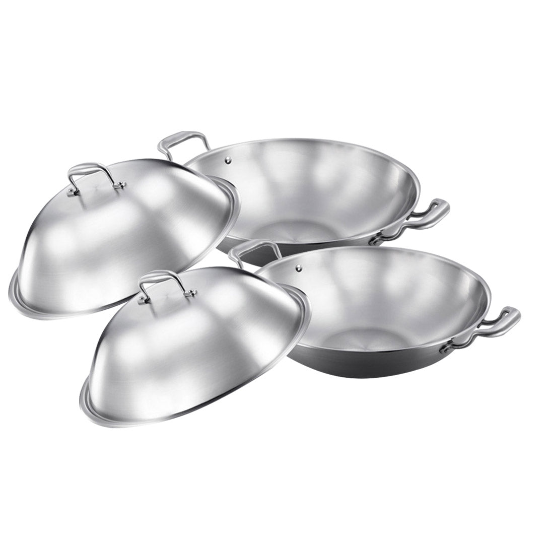 SOGA 2X 3-Ply 38cm Stainless Steel Double Handle Wok Frying Fry Pan Skillet with Lid • LUZ-WokTRIFPG38X2