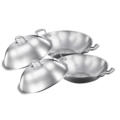 SOGA 2X 3-Ply 38cm Stainless Steel Double Handle Wok Frying Fry Pan Skillet with Lid • LUZ-WokTRIFPG38X2