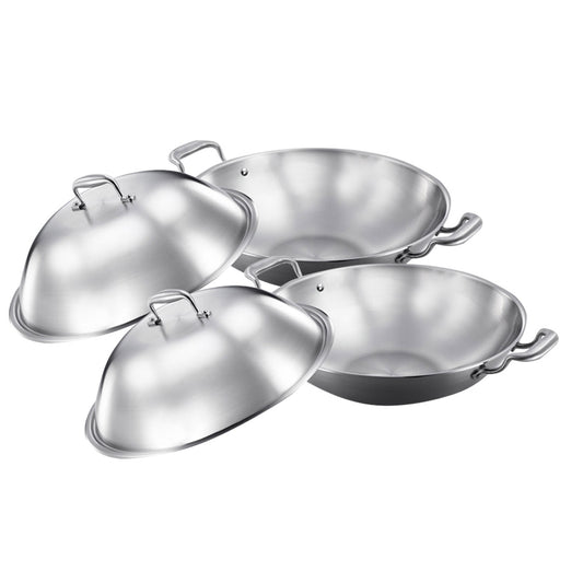 SOGA 2X 3-Ply 38cm Stainless Steel Double Handle Wok Frying Fry Pan Skillet with Lid • LUZ-WokTRIFPG38X2