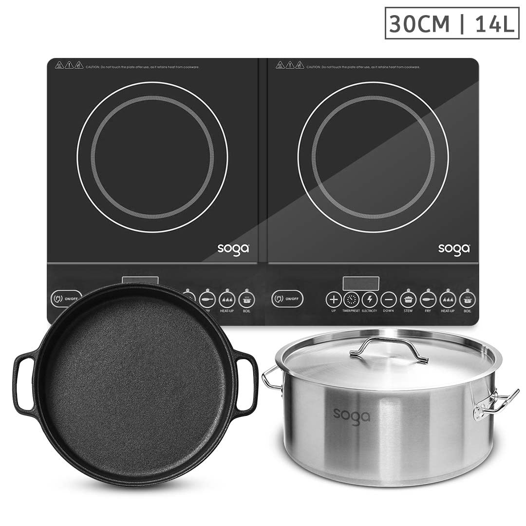 SOGA Dual Burners Cooktop Stove, 30cm Cast Iron Skillet and 14L Stainless Steel Stockpot • LUZ-ECooktDBL-Sizzle30-StockPot14L
