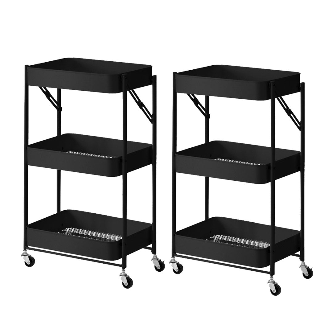 SOGA 2X 3 Tier Steel Black Foldable Kitchen Cart Multi-Functional Shelves Portable Storage Organizer with Wheels • LUZ-KitchenXY011X2