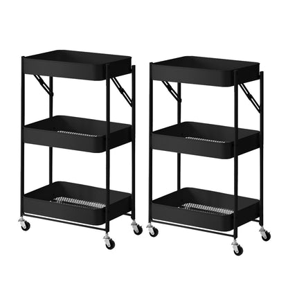 SOGA 2X 3 Tier Steel Black Foldable Kitchen Cart Multi-Functional Shelves Portable Storage Organizer with Wheels • LUZ-KitchenXY011X2
