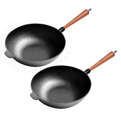 SOGA 2X 31cm Commercial Cast Iron Wok Round Bottom FryPan Home Cooking Skillet • LUZ-ZPai012NoLidX2