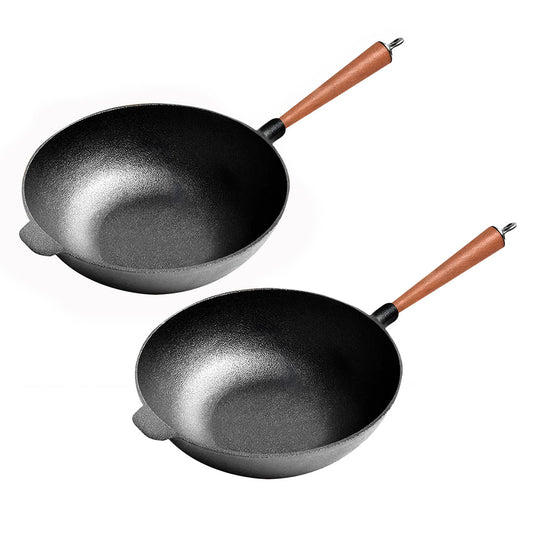 SOGA 2X 31cm Commercial Cast Iron Wok Round Bottom FryPan Home Cooking Skillet • LUZ-ZPai012NoLidX2