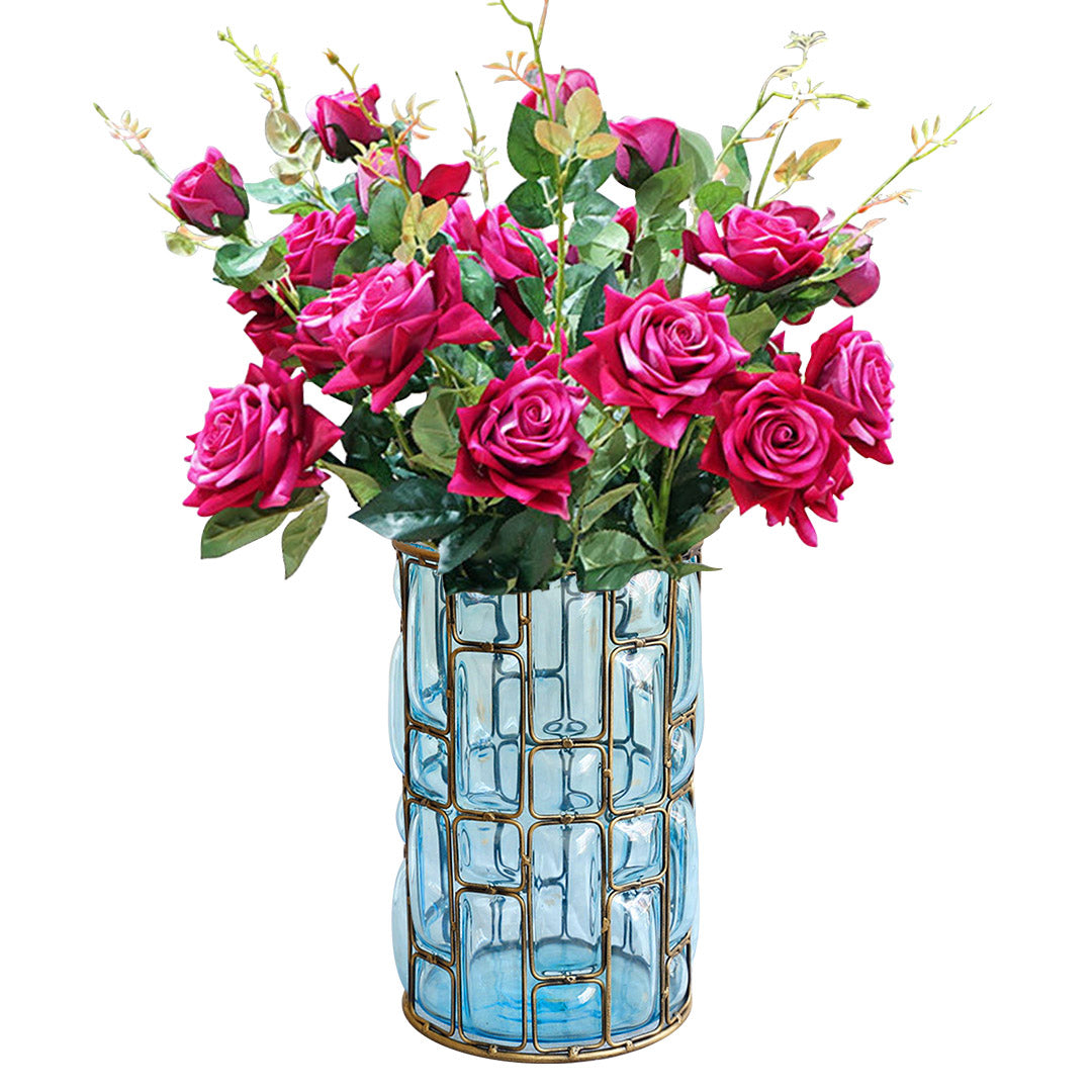 SOGA Blue Glass Cylinder Flower Vase with 8 Bunch 5 Heads Artificial Fake Silk Rose Home Decor Set • LUZ-YG3264-F008