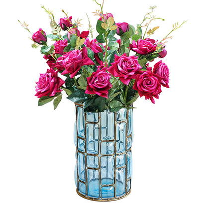SOGA Blue Glass Cylinder Flower Vase with 8 Bunch 5 Heads Artificial Fake Silk Rose Home Decor Set • LUZ-YG3264-F008