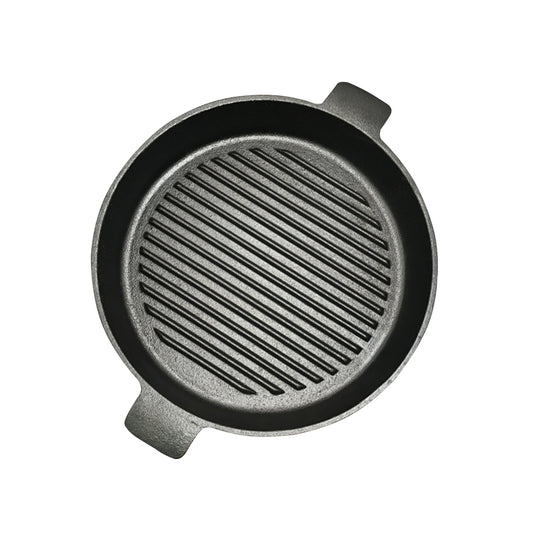 SOGA 26cm Round Ribbed Cast Iron Frying Pan Skillet Steak Sizzle Platter with Handle • LUZ-ZPai001B