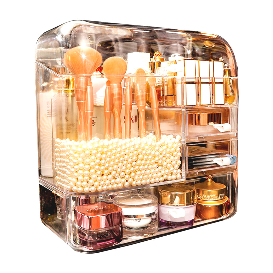 SOGA Transparent Cosmetic Storage Box Clear Makeup Skincare Holder with Lid Drawers Waterproof  Dustproof Organiser with Pearls • LUZ-BathC108