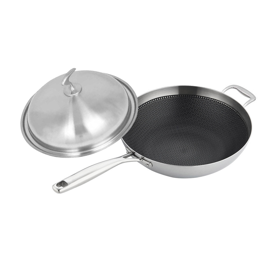 SOGA 18/10 Stainless Steel Fry Pan 34cm Frying Pan Top Grade Textured Non Stick Interior Skillet with Helper Handle and Lid • LUZ-TRIFPS34