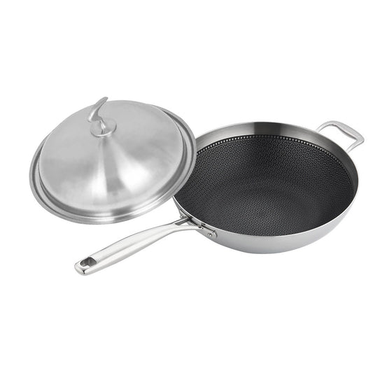 SOGA 18/10 Stainless Steel Fry Pan 34cm Frying Pan Top Grade Textured Non Stick Interior Skillet with Helper Handle and Lid • LUZ-TRIFPS34