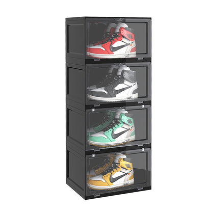 SOGA 4 Tier Black Portable Shoe Organiser Sneaker Footwear Folding Plastic Bin Stackable Storage Box with Magnetic Door • LUZ-ShoeA8004BLK