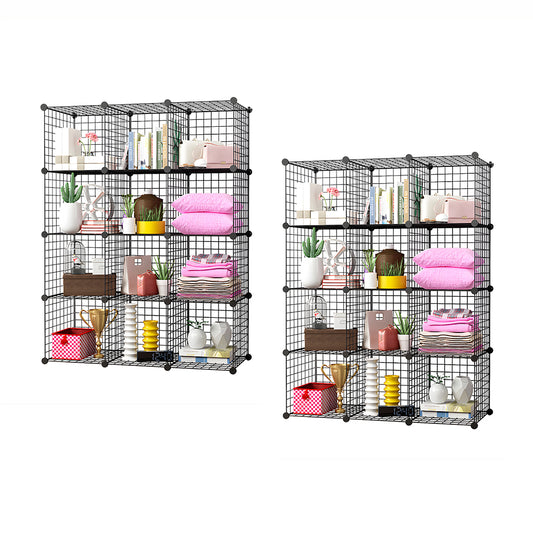 SOGA 2X Black Portable 12-Cube Storage Organiser Foldable DIY Modular Grid Space Saving Shelf • LUZ-NetBox3010X2
