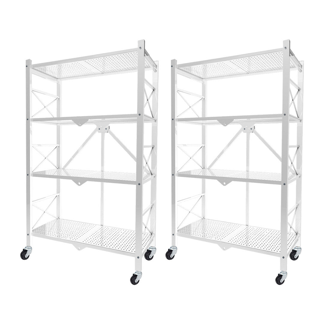 SOGA 2X 4 Tier Steel White Foldable Display Stand Multi-Functional Shelves Portable Storage Organizer with Wheels • LUZ-KitchenXY029X2