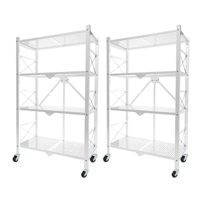 SOGA 2X 4 Tier Steel White Foldable Display Stand Multi-Functional Shelves Portable Storage Organizer with Wheels • LUZ-KitchenXY029X2