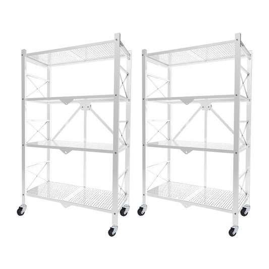 SOGA 2X 4 Tier Steel White Foldable Display Stand Multi-Functional Shelves Portable Storage Organizer with Wheels • LUZ-KitchenXY029X2