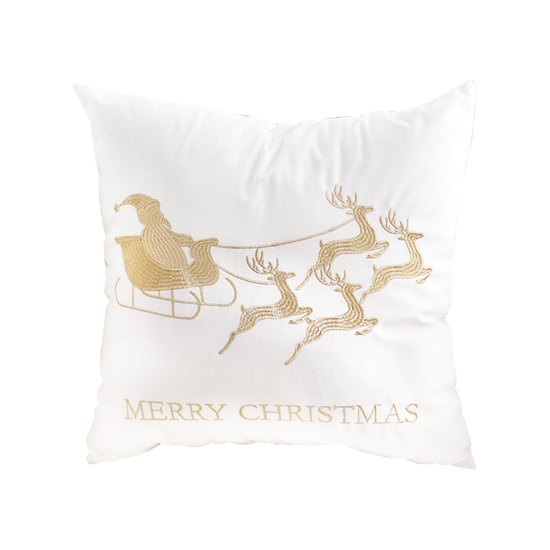 SOGA 45cm Throw Pillow White with Golden Christmas Sleigh Design Festive Holiday Square Cushion Decor LUZ-FrenchCushion269