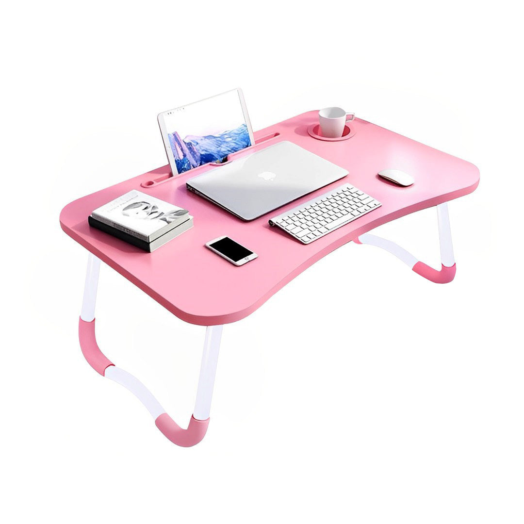 SOGA Pink Portable Bed Table Adjustable Folding Mini Desk Notebook Stand Card Slot Holder with Cup-Holder Home Decor • LUZ-BedTableH302