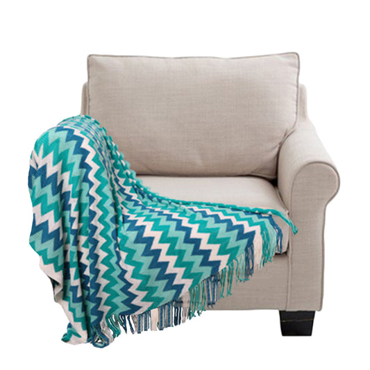 SOGA 170cm Blue Zigzag Striped Throw Blanket Acrylic Wave Knitted Fringed Woven Cover Couch Bed Sofa Home Decor • LUZ-Blanket919
