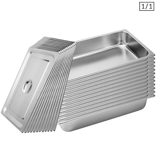 SOGA 12X Gastronorm GN Pan Full Size 1/1 GN Pan 10cm Deep Stainless Steel Tray With Lid • LUZ-GP5404wLidX12