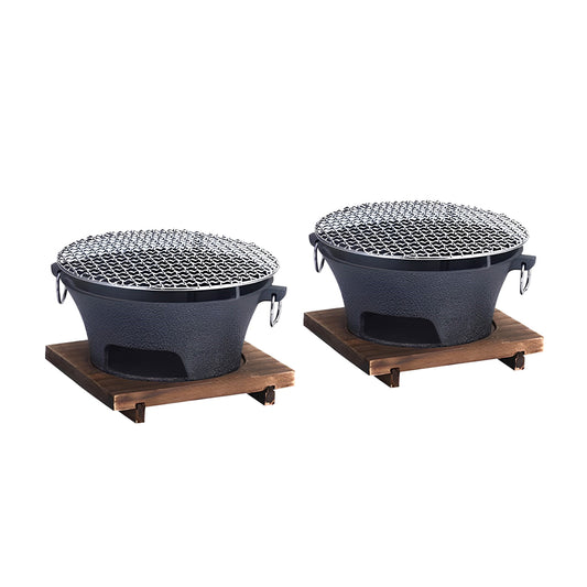 SOGA 2X Medium Cast Iron Round Stove Charcoal Table Net Grill Japanese Style BBQ Picnic Camping with Wooden Board • LUZ-Zpai056MedX2